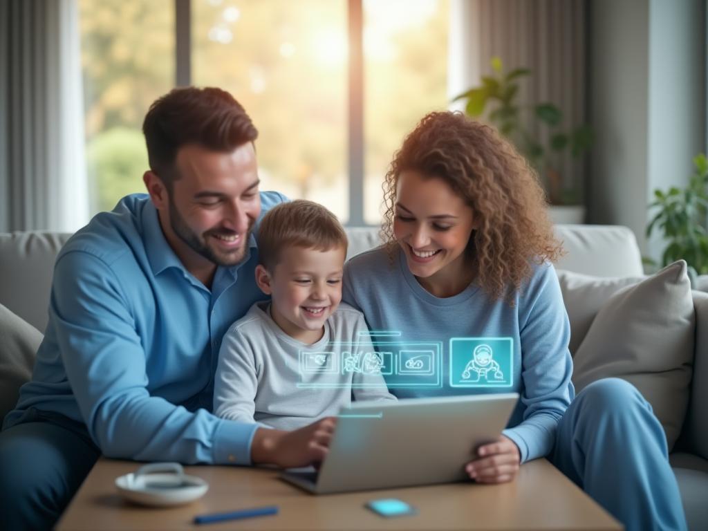 Famille souriante utilisant un service de télémédecine